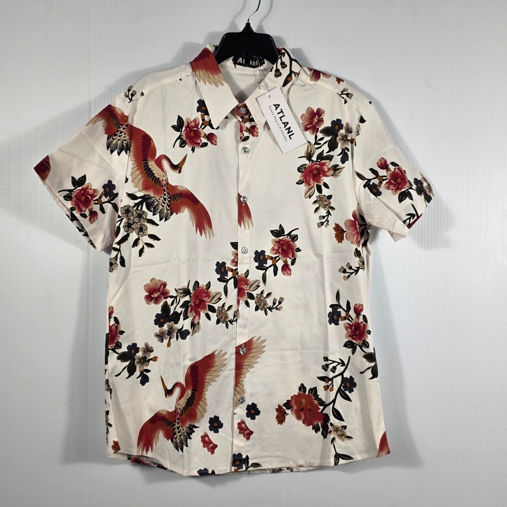 Atlanl Mens Short Sleeve Button Down Shirt White Red Crane Floral Print Size S - Picture 3 of 11
